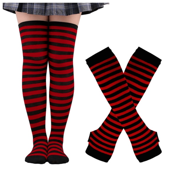 Gsakboxl No Show Socks Women Halloween Striped Over Knee Socks & Matching Gloves Cosplay Costume Wine Red