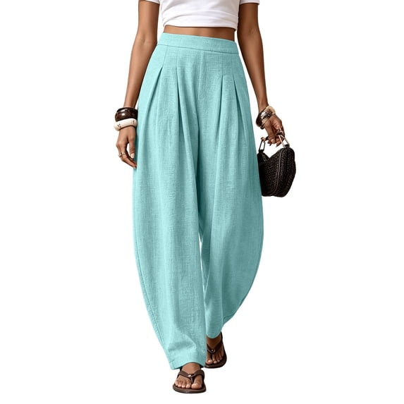 Gsakboxl Pants for Women Solid Color High Waist Elastic Waist Cotton Linen Lantern Wide Leg Loose Fit Casual Vacation Trousers Sky Blue