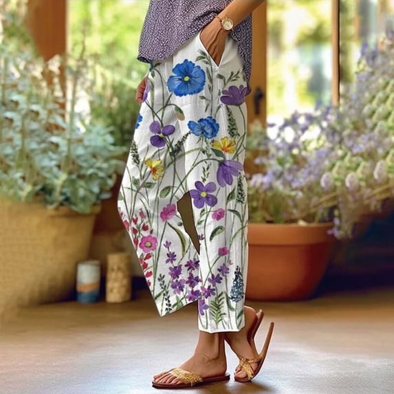 Gsakboxl Pants for Women Summer No Drawstring Elastic Waist Pocket Floral Print Loose Soft Cotton Linen Casual Full Length Trousers Violet