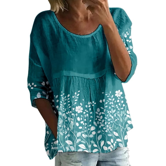 Gsakboxl Shirts for Women Women Plus Size Loose Fit Art Floral Print Round Neck 3/4 Half Sleeve Casual T Shirt Breathable Oversized Summer Blouse Sky Blue M