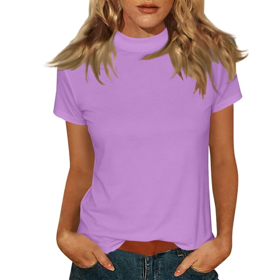 Gsakboxl Short Sleeve Tops for Women Women Solid Mock Neck Short Sleeve Casual Blouse Slim Fit Basic Tee Top Purple M
