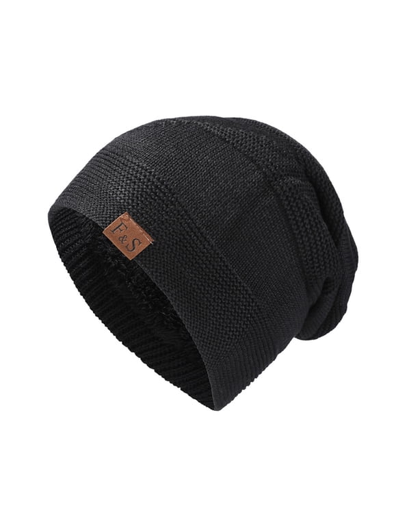 Skull Cap Unisex Fleece Lined Ear Protection Slouch Knit Beanie Windproof Thermal Outdoor Cold Weather Hat For Men Women Black