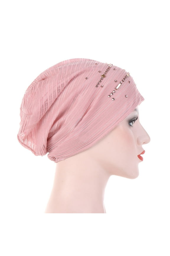 Skull Cap Women Rhinestone Decor Cotton Chemo Turban, Ruffle Muslim Head Wrap Beanie for Hair Loss Modest Wear