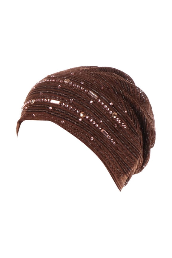 Skull Cap Women Rhinestone Decor Cotton Chemo Turban, Ruffle Muslim Head Wrap Beanie for Hair Loss Modest Wear