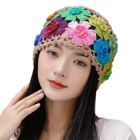 Gsakboxl Skull Cap Women Vintage Handmade Crochet Knit Hat, Hollow Out Floral Design Warm Cap for Autumn & Winter Wear