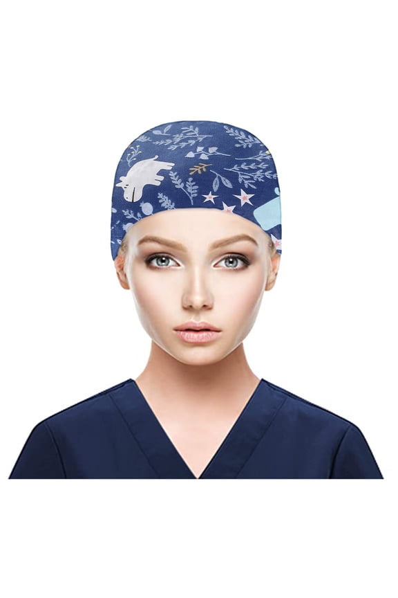 Solar Fan Hat Unisex Printed Cotton Bouffant Scrub Cap With Side Buttons & Built-In Sweatband Dustproof Gourd Work Hat For Doctor Nurse Beautician Lab Staff C