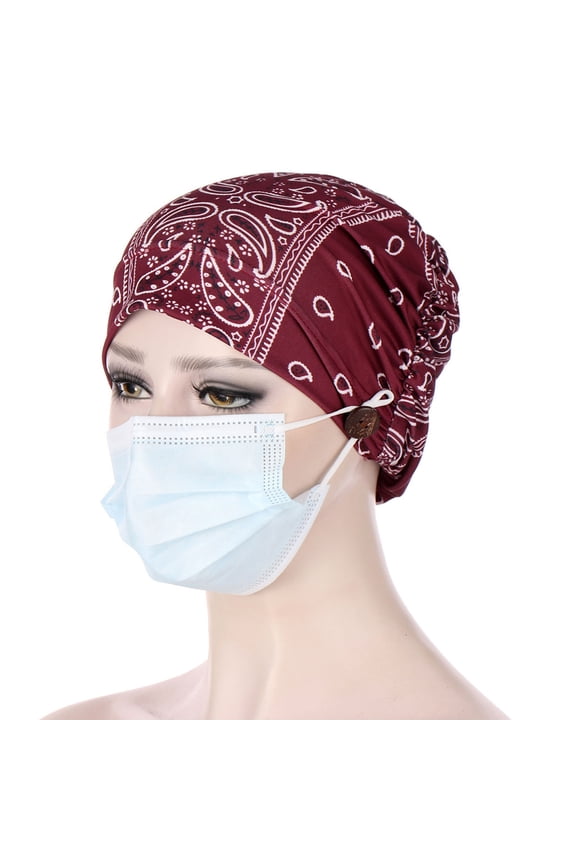 Solar Fan Hat Women Non-Position Printed Button Decor Muslim Turban Chemo Hair Wrap Beanie Cap Wine Red