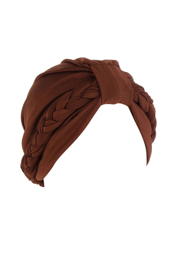 Solar Fan Hat Women Square Pattern Braid Decor Turban Chemo Hair Loss Bonnet Stretch Head Wrap Scarf Hat Coffee