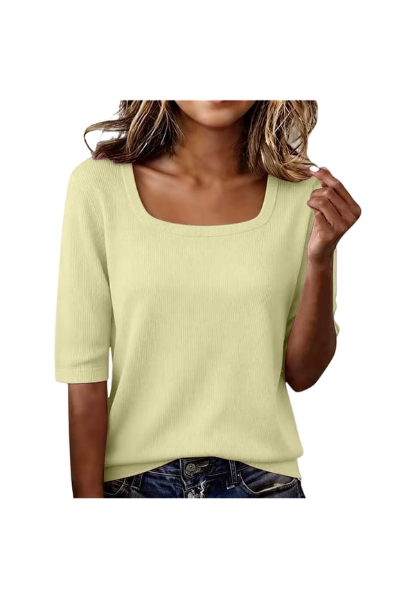 Summer Clothes Women Striped Texture Half Sleeve T-shirt Loose Lightweight Breathable Casual Blouse For Work & Daily Summer Yellow S