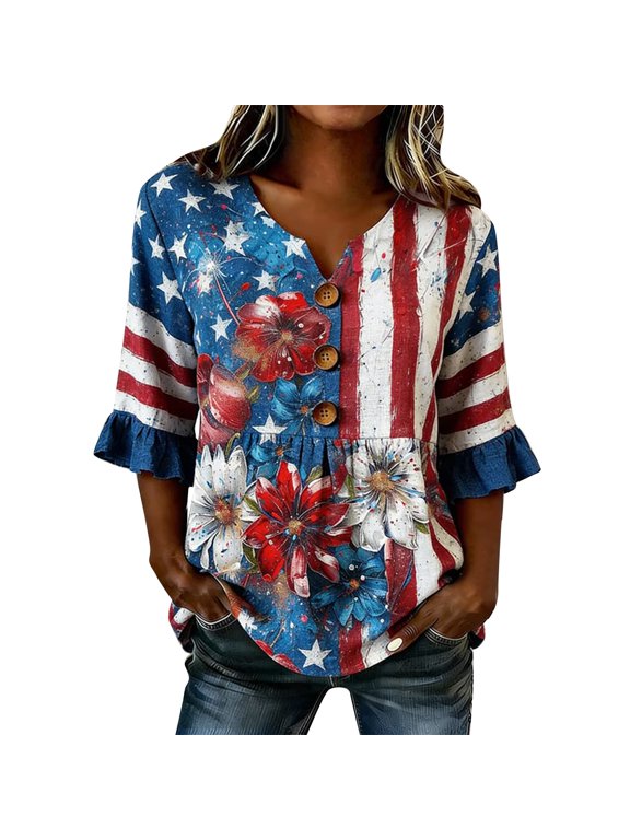 Summer Tops for Women Casual Independence Day American Flag Star Pattern Notch V Neck 3/4 Sleeve Peplum Hem Patriotic Blouse Fashion Daily Top Blue XXL