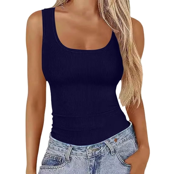 Gsakboxl Summer Tops Women Square Neck Ribbed Knit Cropped Sleeveless Tank Top Trendy Slim Fit Summer Casual Basic Tee Camisole Dark blue M