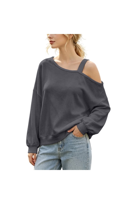 Summer Tops For Women Women Long Sleeve Top One‑Side Off‑Shoulder Irregular Neckline Loose‑Fit Medium Length Casual Pullover Tee Spring Autumn Dark Gray
