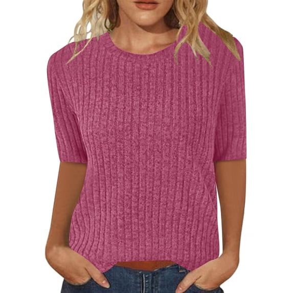 Gsakboxl Summer Tops for Women Women Summer Soft Ribbed Brushed Five Quarter Short Sleeve Pullover Sweater Tunic Top Trendy Casual Crew Neck Knit Sweater Shirt Hot Pink L