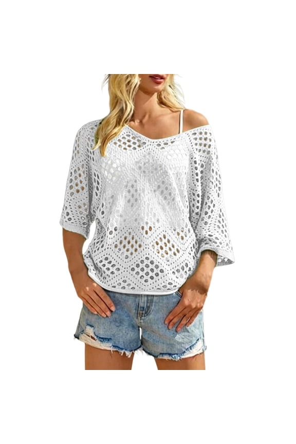 Summer Tops for Women Women V Neck Diamond Crochet Hollow Batwing Long Sleeve Knit Cover Up Top Loose Cruise Vacation Spring Summer Cardigan Sweater Blouse White 3XL