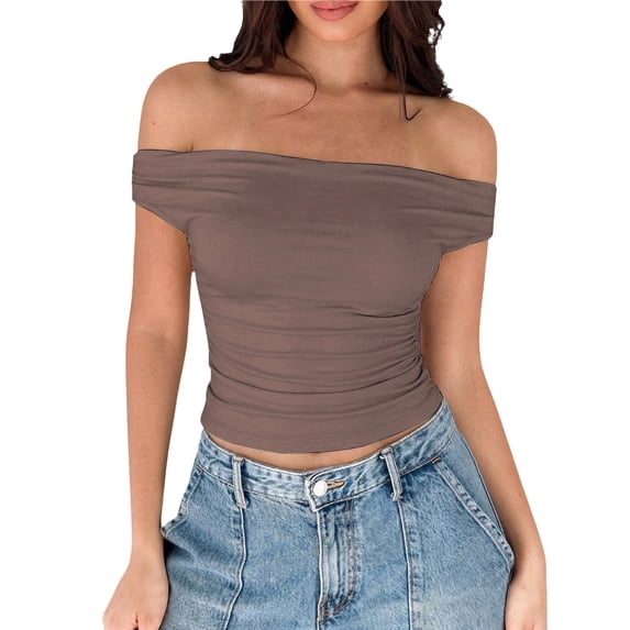 Gsakboxl Summer Tops for Women Womens Off Shoulder Short Sleeve T-Shirt Slim Tee Soft Skin-Friendly Casual Hot Base Top for Streetwear L