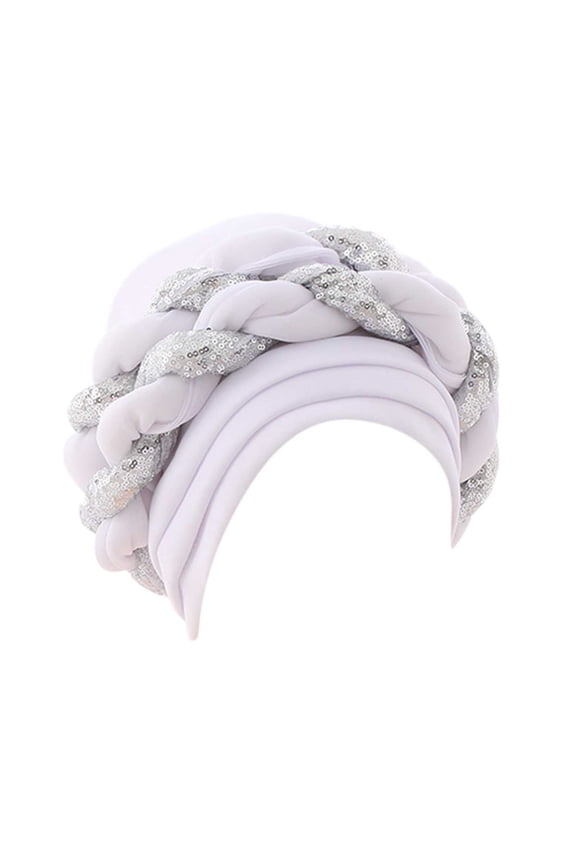 Sun Hat Women Fashion Space Layer Sequin Braided Braid Beanie Ruffle Muslim African Hair Wrap Cap With Soft Satin Lining White