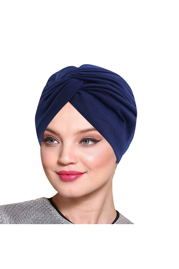 Sun Hat Women Solid Color Double Layer Imitation Silk Twisted Cross Sleeping Hat Beauty Chemotherapy Ethnic Head Wrap Cap Navy