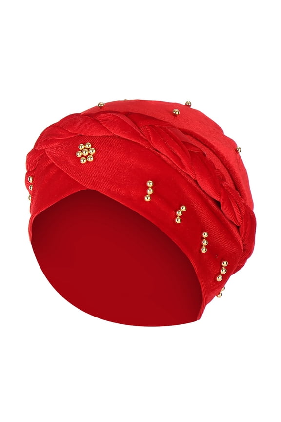 Sun Hat Women Solid Color Hand Stitched Beading India Ruffle Muslim Wrap Beanie Cap Soft Satin Lined Chemo Hair Bonnet Red