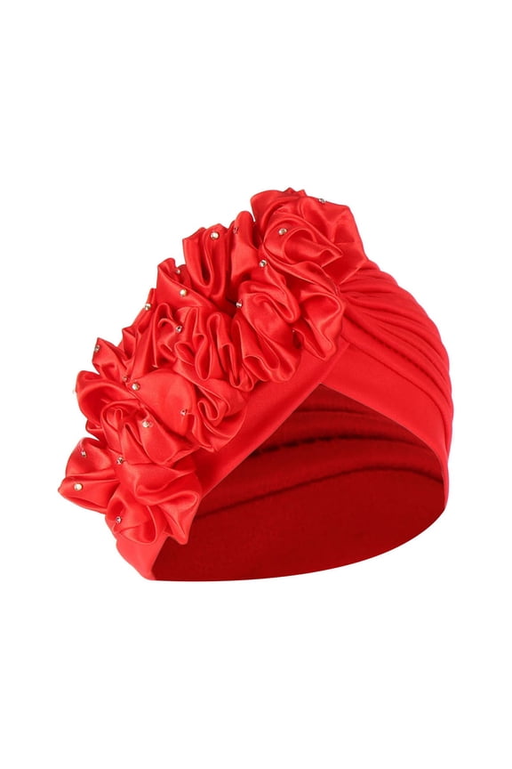 Sun Hat Women Solid Rhinestone Floral Ruffle Muslim Turban Chemo Beanie Hair Wrap Cap Red