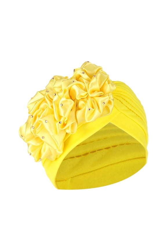 Sun Hats For Women Women Solid Rhinestone Floral Ruffle Muslim Turban Chemo Beanie Hair Wrap Cap Yellow