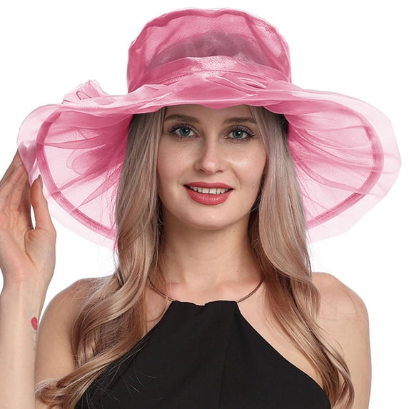 Gsakboxl Sun Hats for Women Women Vintage Floral Mesh Wide Brim Fedora, Elegant UV Protection Holiday Dress Hat