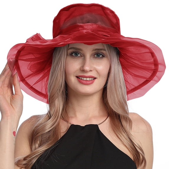 Gsakboxl Sun Hats for Women Women Vintage Floral Mesh Wide Brim Fedora, Elegant UV Protection Holiday Dress Hat