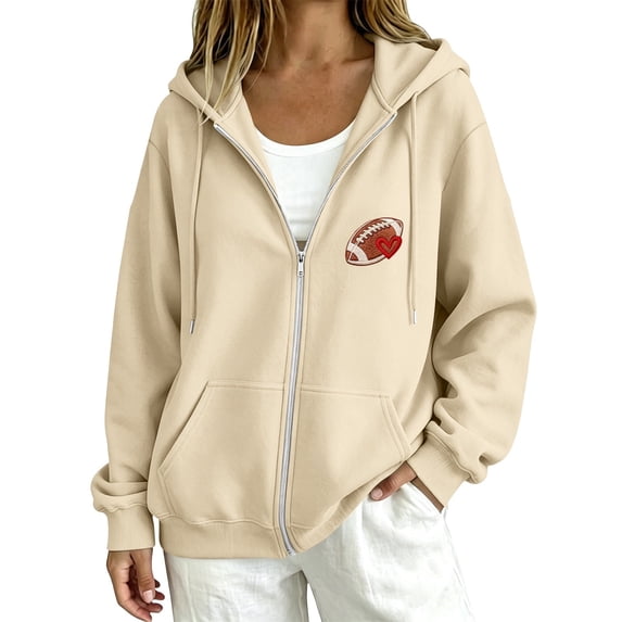 Gsakboxl Sweaters for Women Football Embroidery Full Zip Up Long Sleeve Hooded Sweatshirt Casual Outer Hood Jacket For Football Lovers Fall Daily Wear