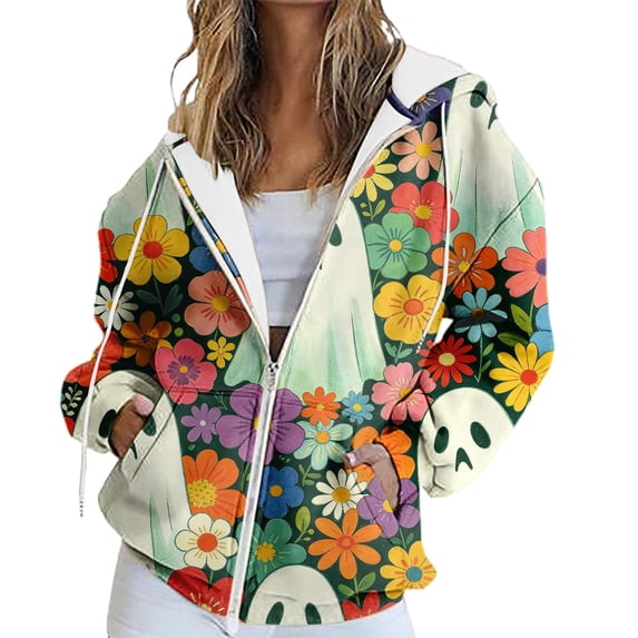 Gsakboxl Sweatshirt Women Solid Color Full Zip Up Hooded Sweatshirt With Halloween Pumpkin Print Loose All-Match Long Sleeve Casual Outer Hood Top For Fall Holiday Daily