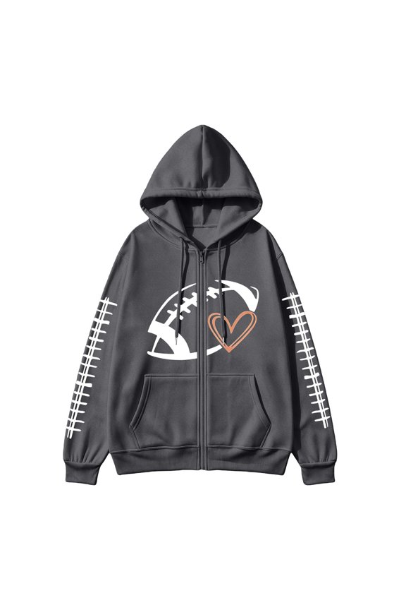 Sweatshirt Women Zip Up Football Hooded Jacket Front Back All Over Print Long Sleeve Japanese Soft Fleece Casual Outer Coat
