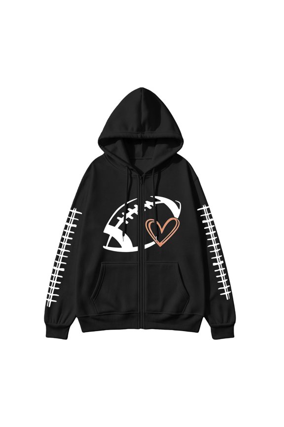Sweatshirt Women Zip Up Football Hooded Jacket Front Back All Over Print Long Sleeve Japanese Soft Fleece Casual Outer Coat