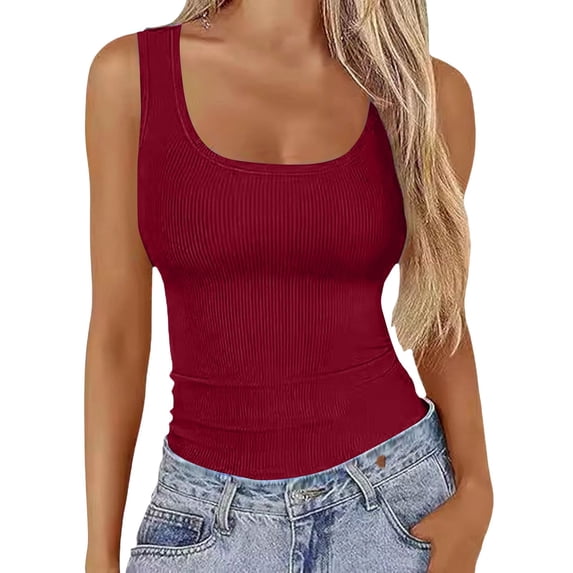 Gsakboxl Tank Tops for Women Square Neck Ribbed Knit Cropped Sleeveless Tank Top Trendy Slim Fit Summer Casual Basic Tee Camisole Wine Red XL