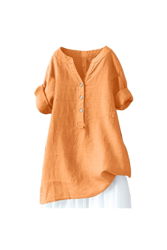Tops for Women Trendy Women Solid Stand Collar Button Front 3/4 Sleeve Loose Fit Cotton Linen Casual Blouse T Shirt, Breathable Spring Summer Transition Medium Sleeve Top Orange S