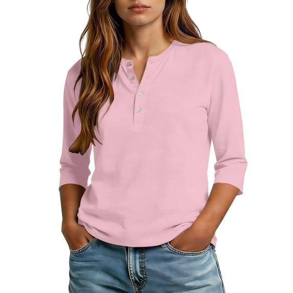 Gsakboxl Tops for Women Trendy Women Solid Color Henley Button Collar 3/4 Sleeve Casual Blouse Top Tee Pink XL