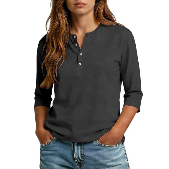 Gsakboxl Tops for Women Women Solid Color Henley Button Collar 3/4 Sleeve Casual Blouse Top Tee Dark Gray L