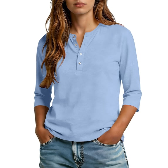 Gsakboxl Tops for Women Women Solid Color Henley Button Collar 3/4 Sleeve Casual Blouse Top Tee Sky Blue L