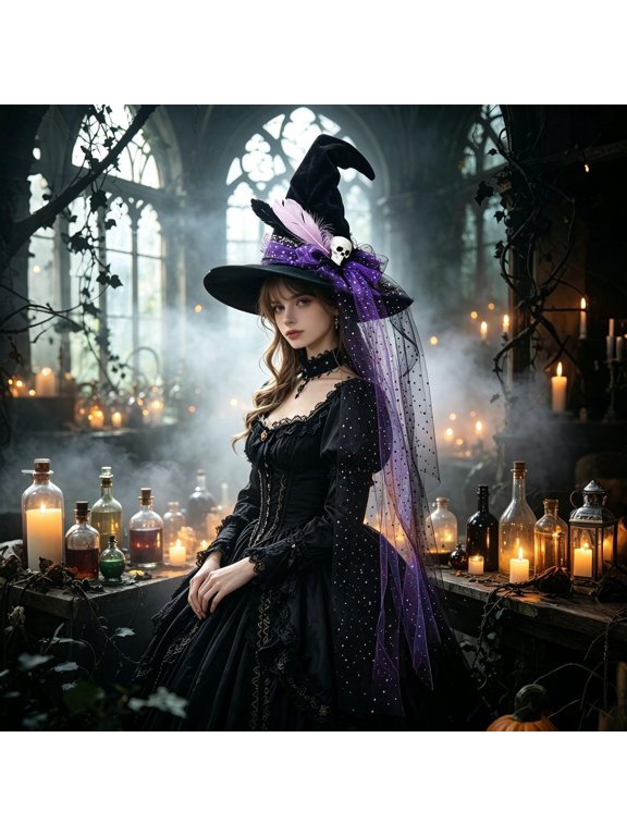 Witch Hat Velvet Fabric Wide Brim Design Delicate Lace Pointed Headpiece for Women Halloween Party and Photo Shoot