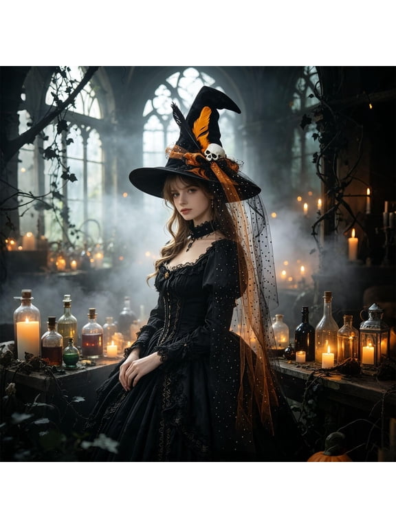 Witch Hat Velvet Fabric Wide Brim Design Delicate Lace Pointed Headpiece for Women Halloween Party and Photo Shoot