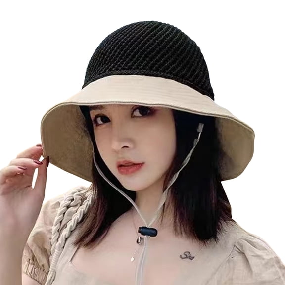 Gsakboxl Women Beach Hollow Bow Decor Straw Fisherman Hat Foldable Wide Brim UV Shield Sun Hat for Seaside Vacation Pool Outdoor Leisure Baseball Cap Beige One Size
