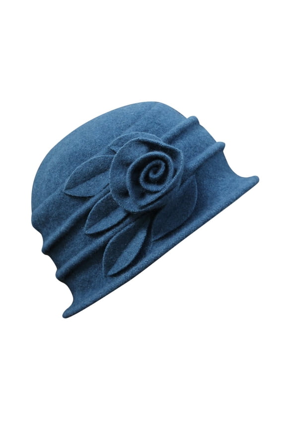 Women's Elegant Wool Flower Decor Winter Hat, Vintage Cloche Bucket Cap for Ladies Daily Wear Party Special Occasions Beach Hat Blue One Size
