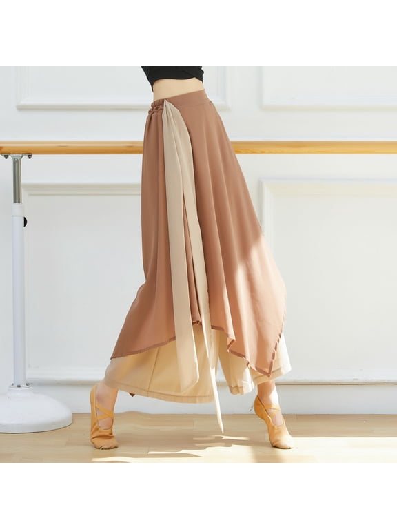 Women's Pants Women Flowy Chiffon Wide Leg Skirt Pants Classical Dance Performance Gymnastics Training Casual Long Trousers Khaki