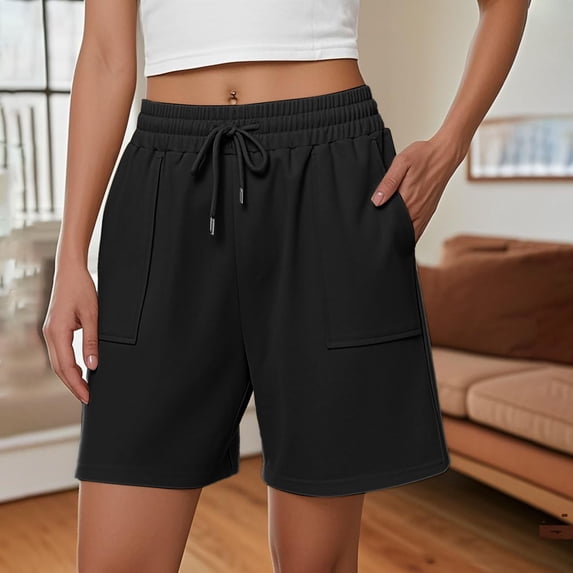 Gsakboxl Women's Shorts Women Fashion Drawstring Tie High Waist Wide Leg Casual Loungewear Shorts With Convenient Side Pockets Black
