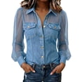 thumbnail image 1 of Gsakboxl Women's Tops, Tees & Blouses Women Fashion Faux Denim Patchwork Long Sleeve Blouse Elegant V Neck Sheer Mesh Lace Spliced Breathable Casual Spring Daily Shirts Light Blue XXL, 1 of 9