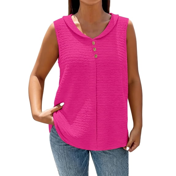 Gsakboxl Womens Blouses Women's Bubble Wrinkled Textured Fabric V Neck Tank Top Button Decor Loose Sleeveless Casual Vest M