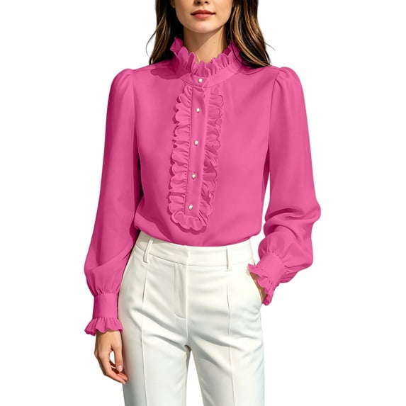 Gsakboxl Womens Blouses Womens Ruffled Long Sleeve Shirt Elegant Button Down Blouse with Ruffle Trim on Neckline Chic Casual Top for Spring and Autumn L