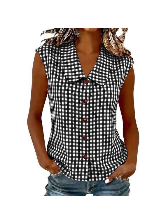Womens Shirts Women Lapel Black White Contrast Plaid Sleeveless Button Down Shirt Fashion Casual Summer Layering Blouse Black S