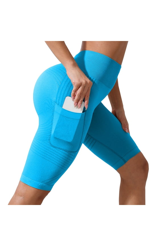 Womens Shorts Women High Waist Tight Seamless Texture Peach Butt Lift Tummy Control Side Pocket Yoga Biker Shorts Sky Blue M