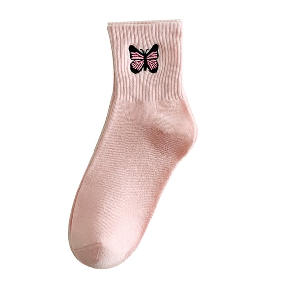 Gsakboxl Womens Socks Women Pure Cotton Mid Calf Sports Socks Elegant Butterfly Embroidery All Match Casual Stockings Pink