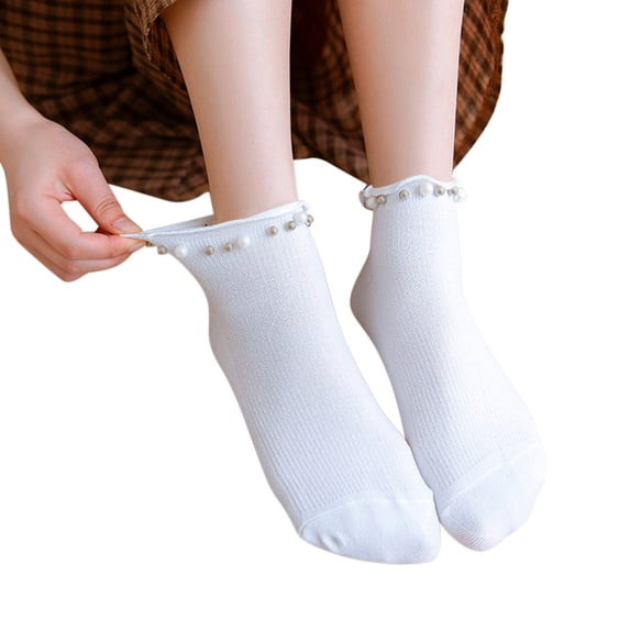 Gsakboxl Womens Socks Women Solid Cotton Cute Pearl Ruffle Edge Warm Mid Calf Socks Casual Soft Short Tube Hosiery For Autumn Winter Daily White