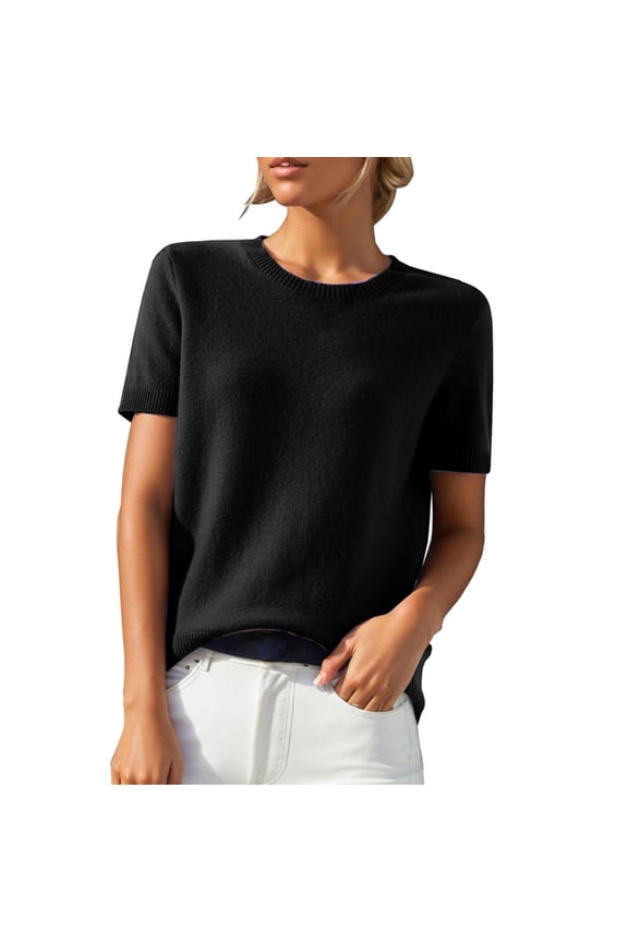 Womens Summer Tops Women Soft Knit Hem Trim Crew Neck Short Sleeve Loose Cashmere Blend Cropped T Shirt Lightweight Inner Layer Base Layering Short Top For Spring Summer Black XL