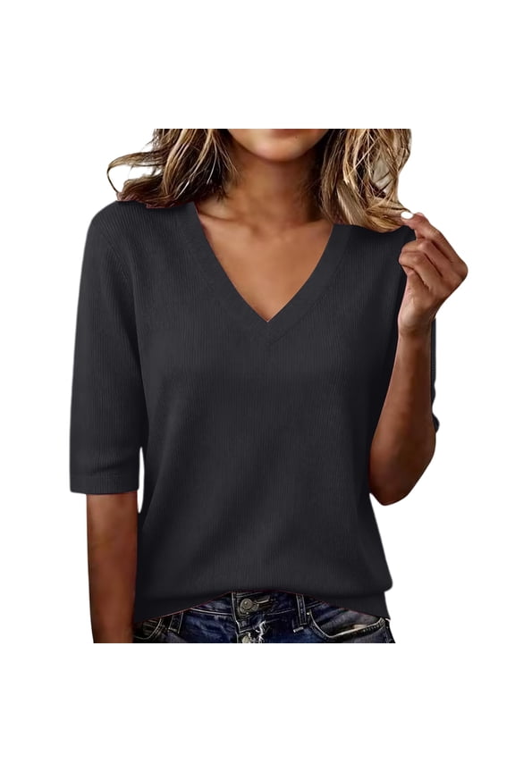 Womens Summer Tops Women Summer Thread Trim Crew Neck Loose Fit Lightweight 3/4 Short Sleeve Casual Work Blouse T Shirt Black 3XL